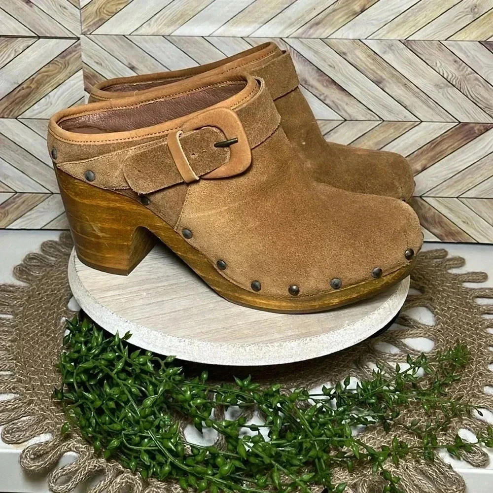 Matisse Stevie Wood Sole Heeled Clogs Brown Leather Suede